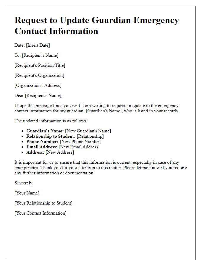 Letter template of Request to Update Guardian Emergency Contact Info