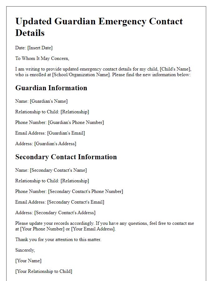 Letter template of Updated Guardian Emergency Contact Details