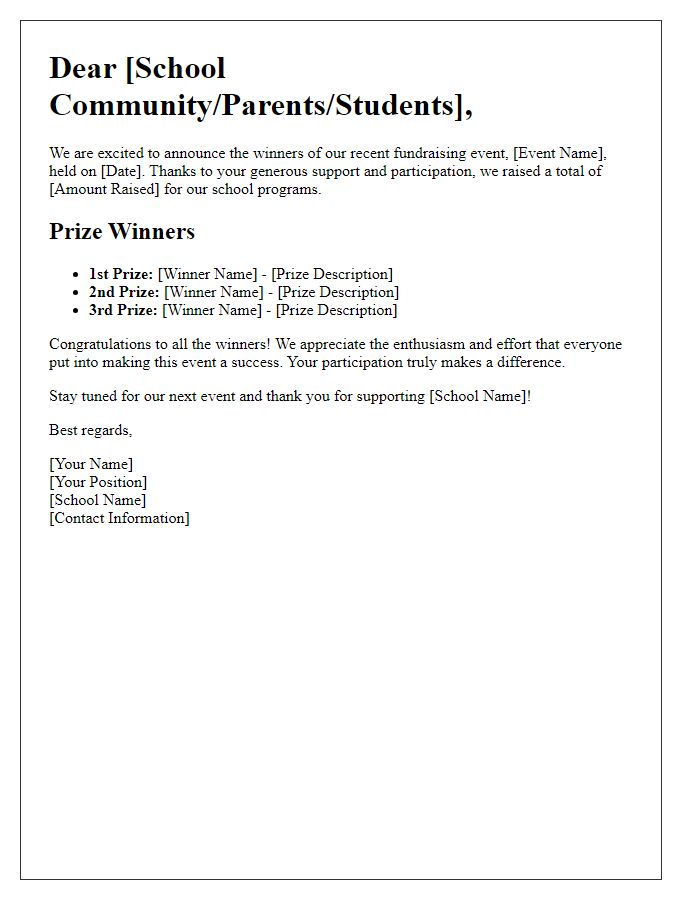 Letter template of school fundraising event prize announcement