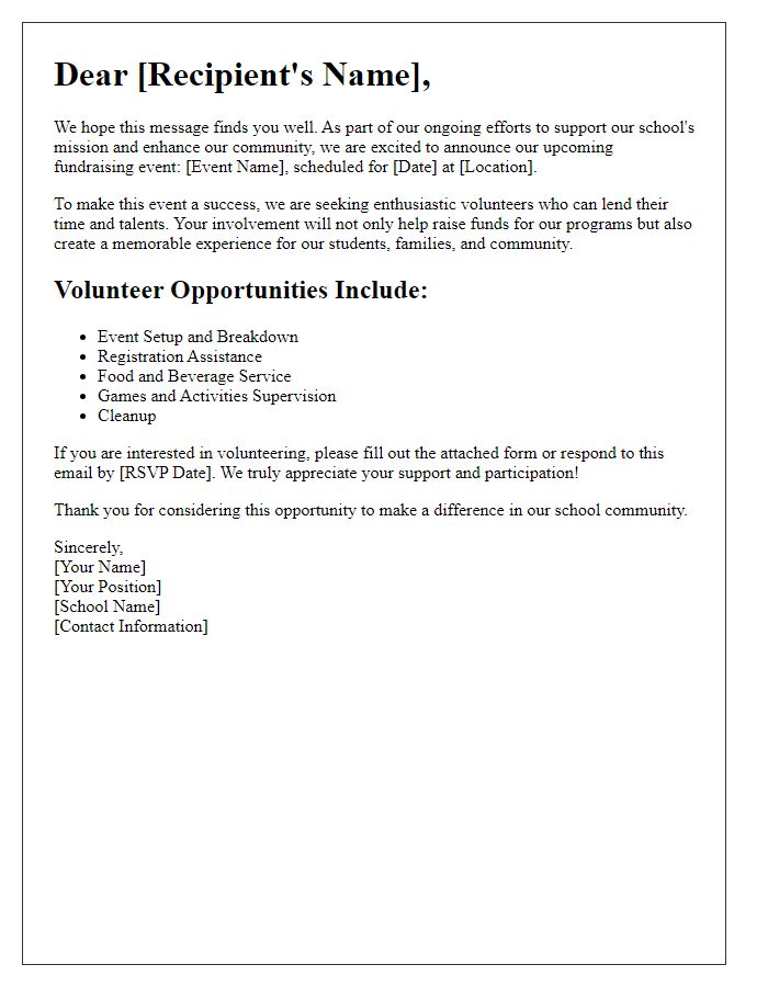 Letter template of school fundraising event volunteer recruitment