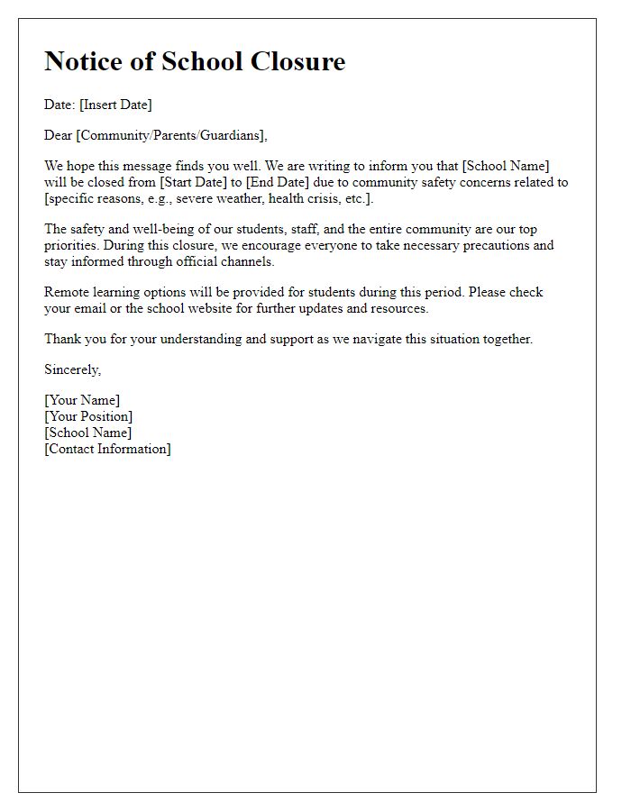 Letter template of school closure for community safety reasons