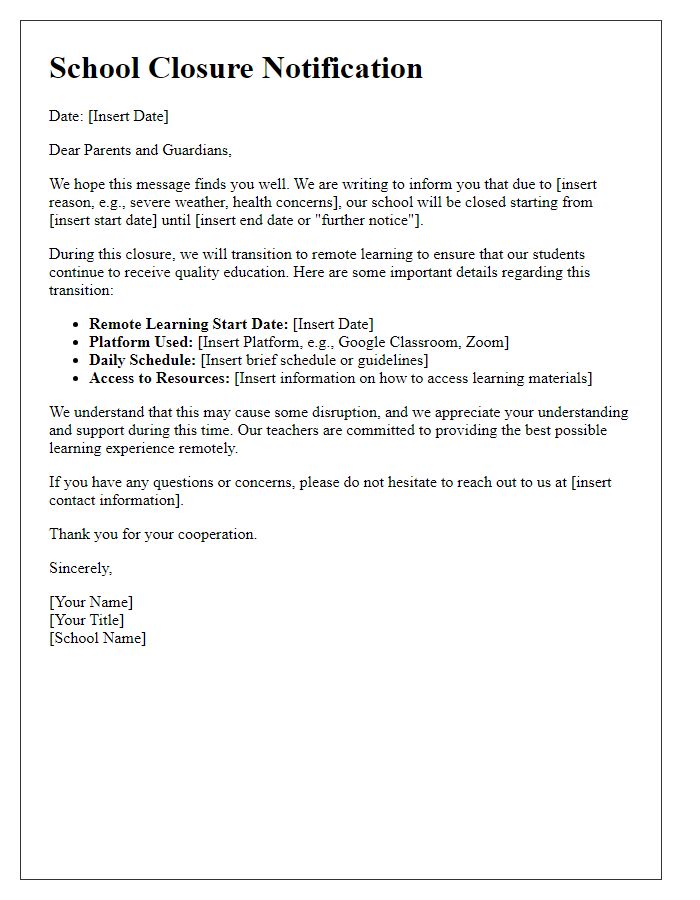 Letter template of school closure notification for remote learning transition