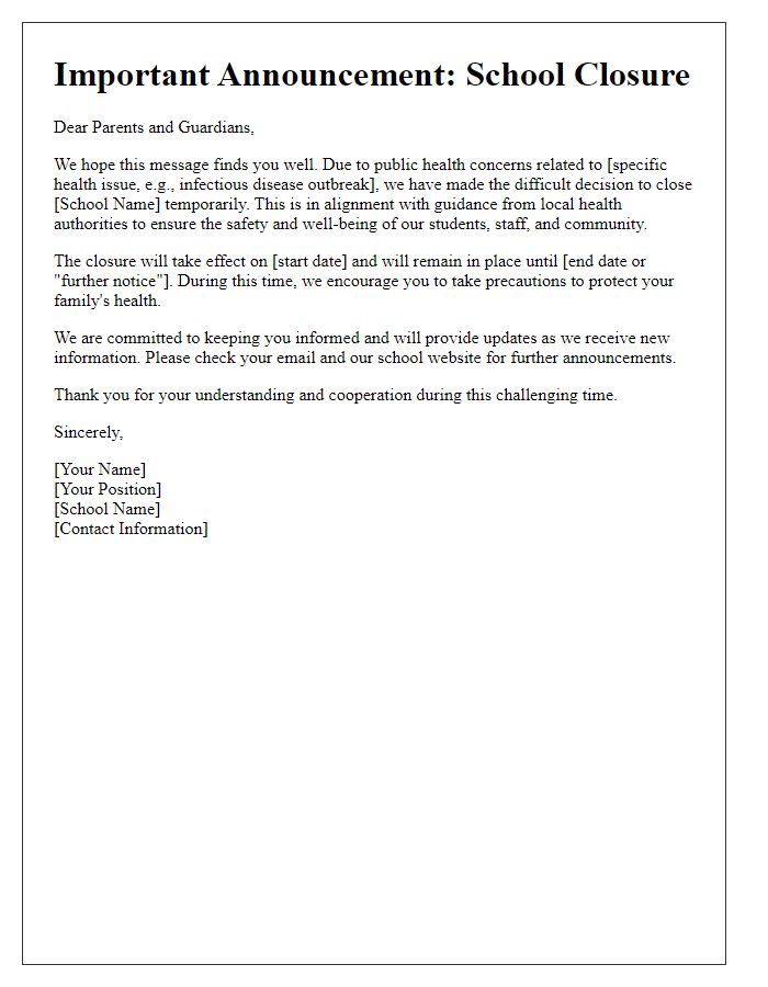 Letter template of school closure for public health concerns