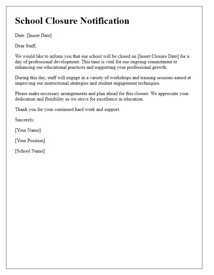 Letter template of school closure for staff professional development