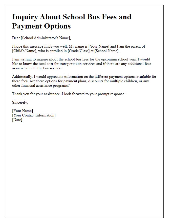 Letter template of inquiry about school bus fees and payment options