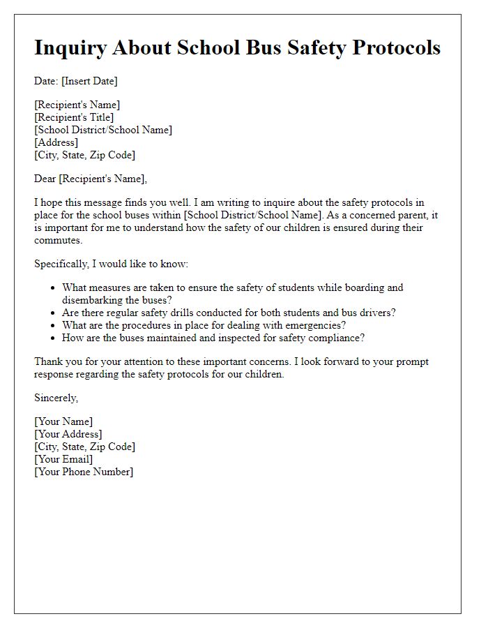 Letter template of inquiry about school bus safety protocols