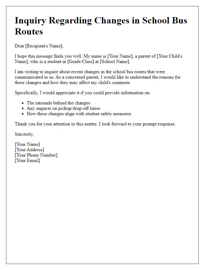 Letter template of inquiry regarding changes in school bus routes