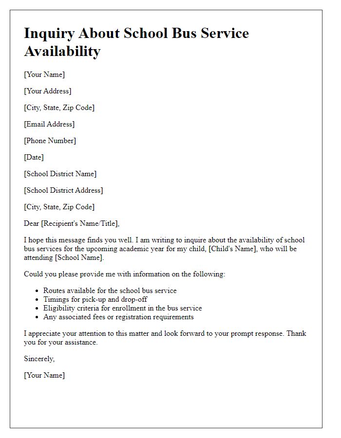 Letter template of inquiry regarding school bus service availability