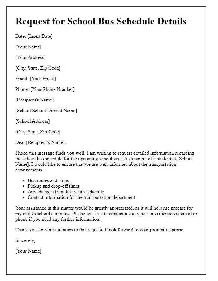 Letter template of request for details on school bus schedule