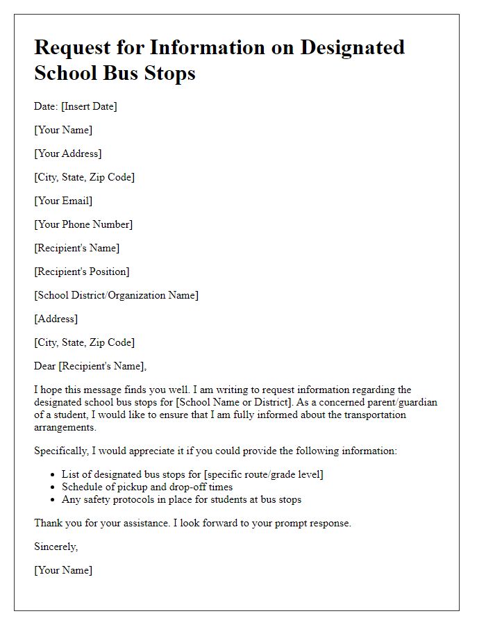 Letter template of request for information on designated school bus stops