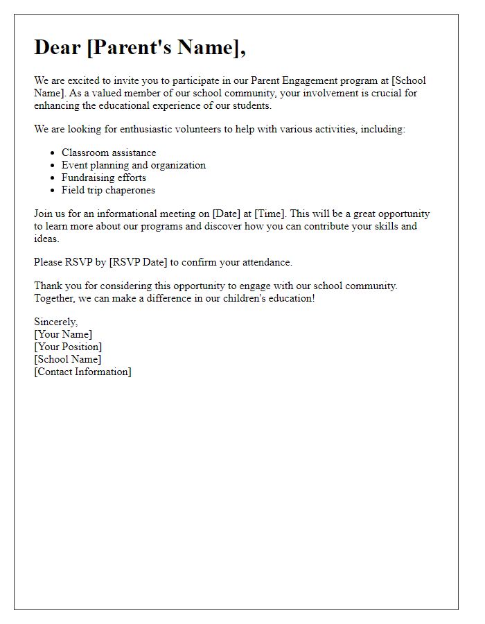 Letter template of Invitation for Parent Engagement in Volunteering