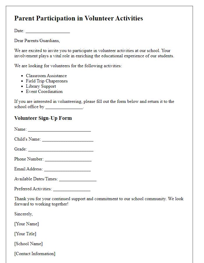 Letter template of Parent Participation in Volunteer Activities