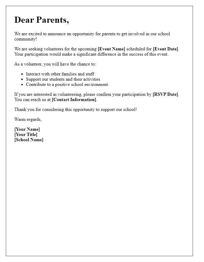 Letter template of Parent Volunteering Opportunity Invitation