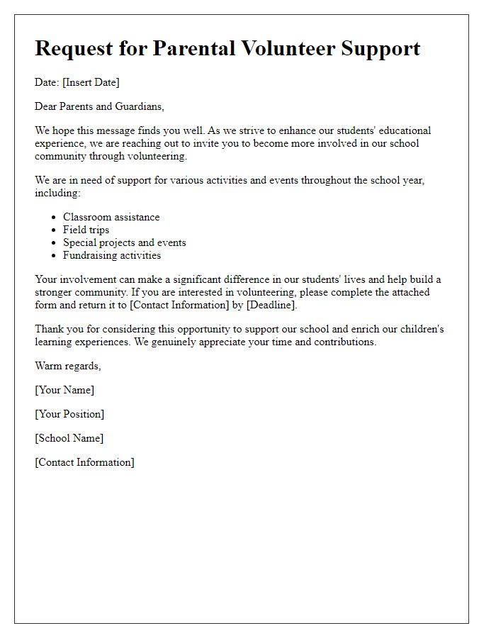 Letter template of Request for Parental Volunteer Support