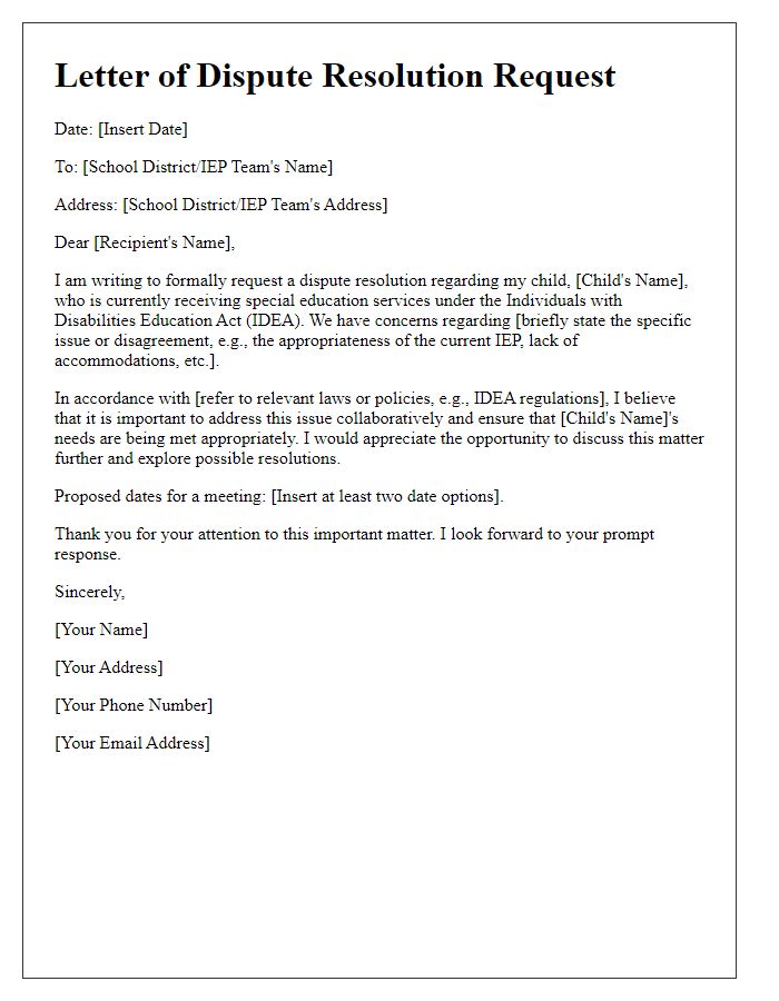 Letter template of dispute resolution in special education request