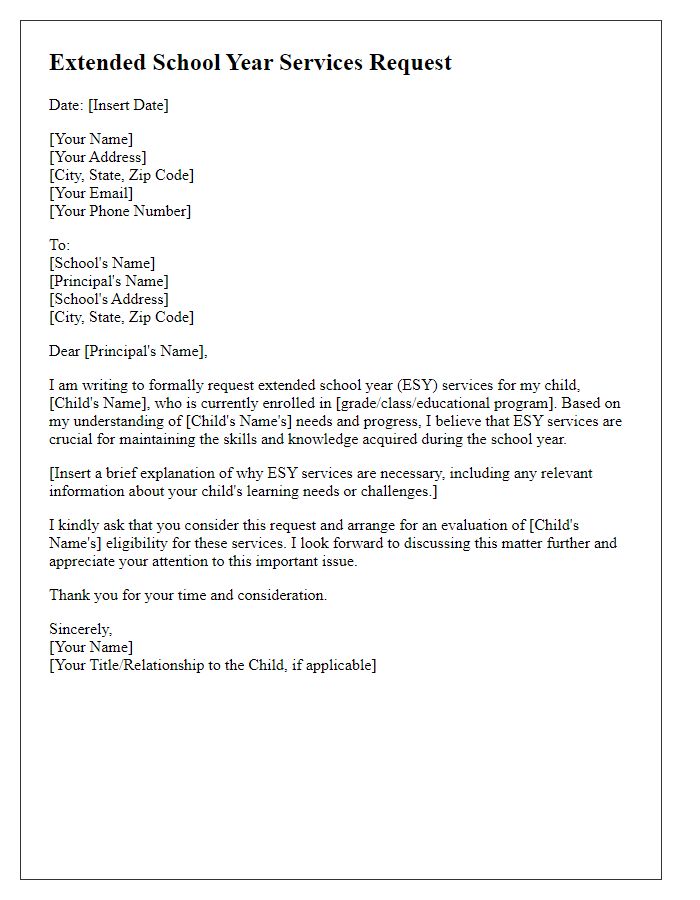 Letter template of extended school year services request