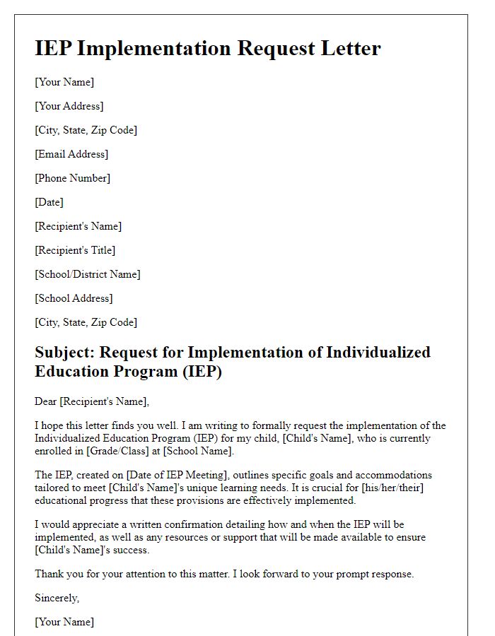 Letter template of IEP implementation request