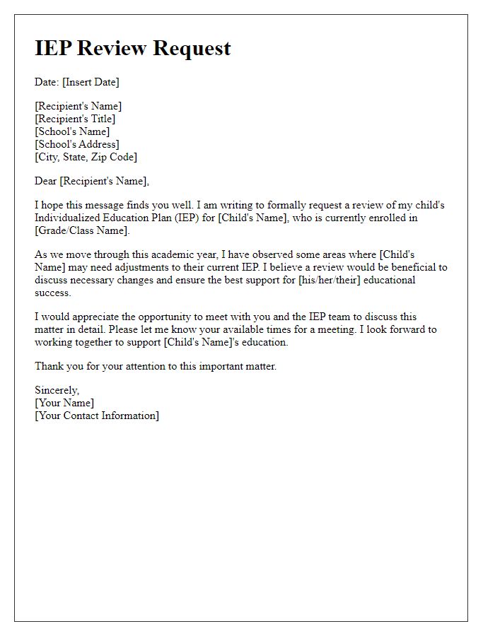 Letter template of individualized education plan (IEP) review request