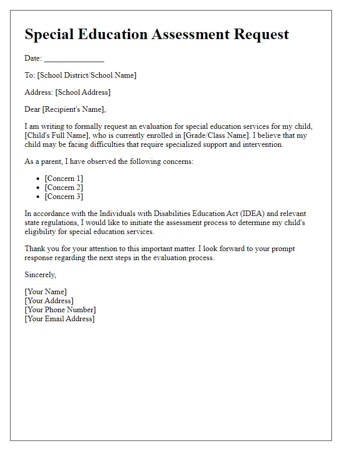 Letter template of special education assessment request