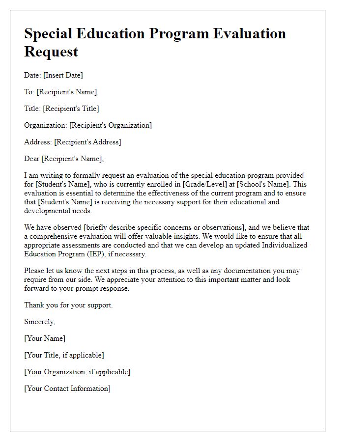 Letter template of special education program evaluation request