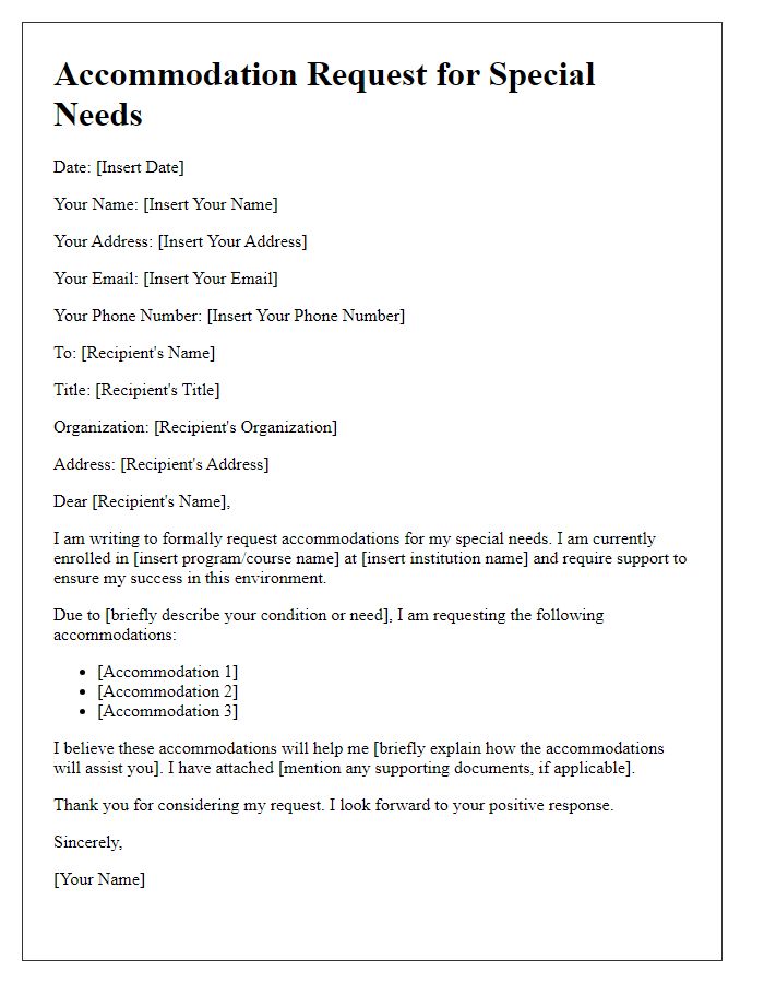 Letter template of special needs accommodation request