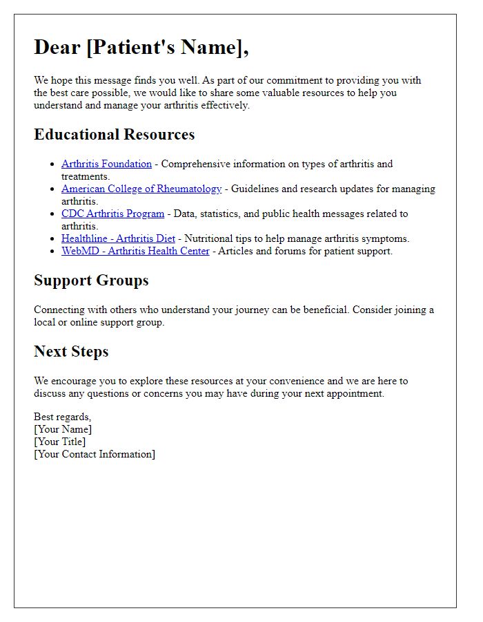 Letter template of arthritis education resources for patients