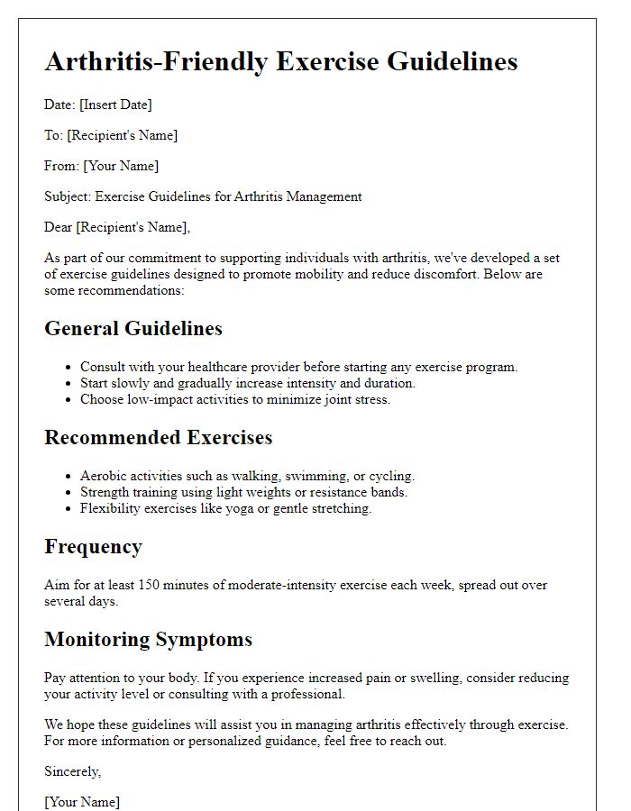 Letter template of arthritis-friendly exercise guidelines