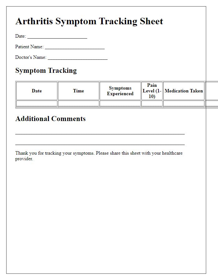 Letter template of arthritis symptom tracking sheet