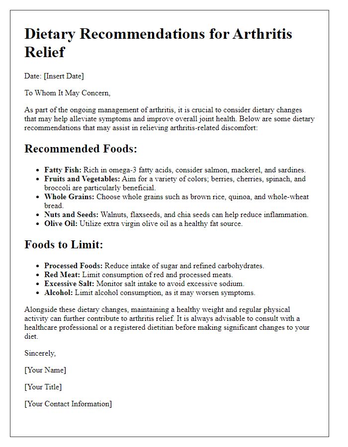 Letter template of dietary recommendations for arthritis relief