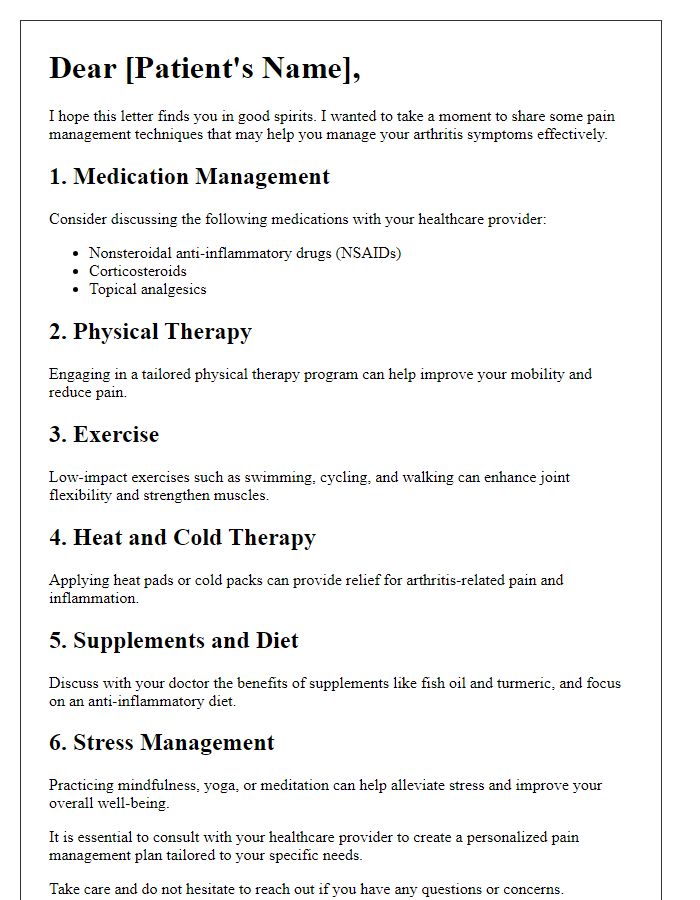 Letter template of pain management techniques for arthritis sufferers