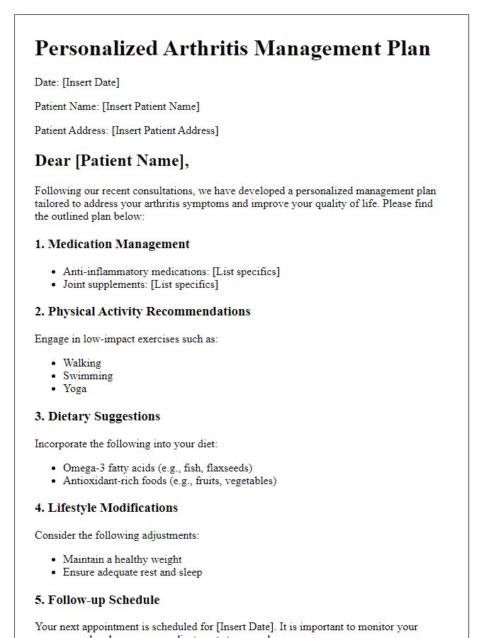 Letter template of personalized arthritis management plan