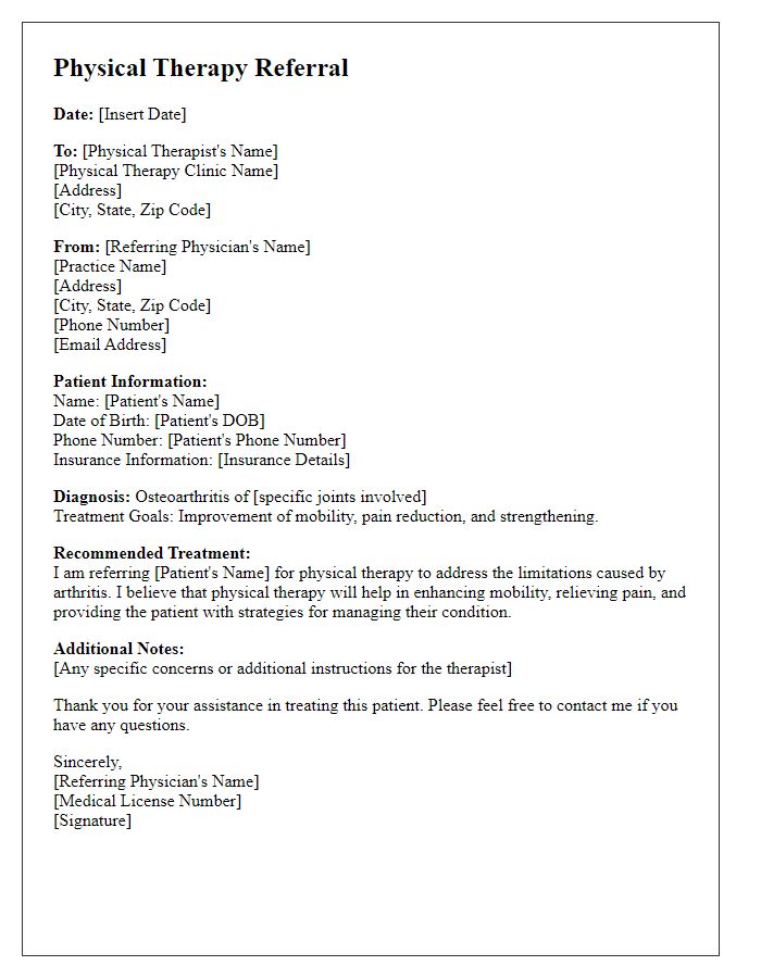 Letter template of physical therapy referral for arthritis