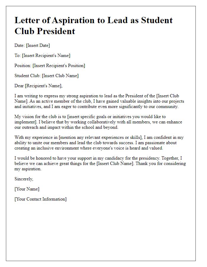 Letter template of aspiration to lead as student club president