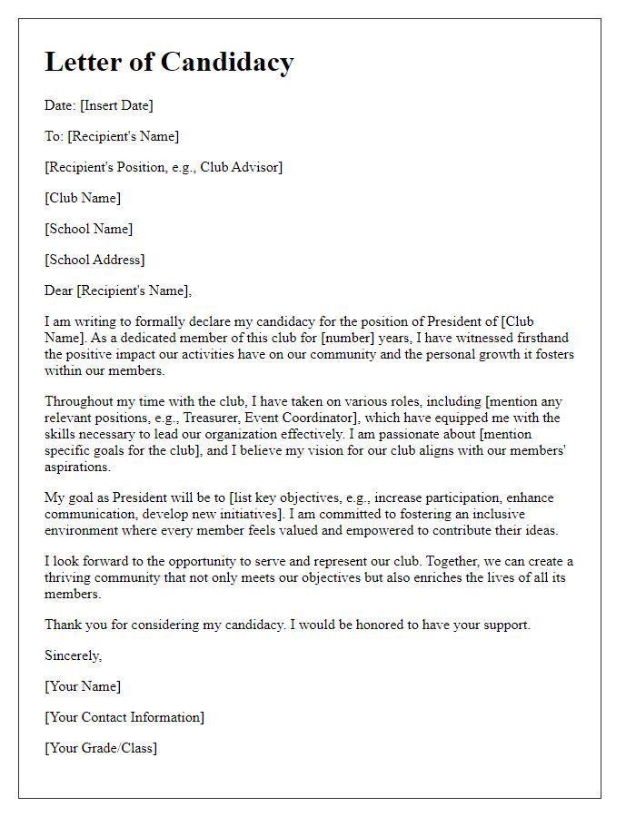 Letter template of candidacy for student club president position