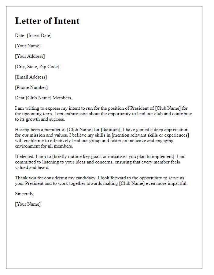 Letter template of intent to run for student club president