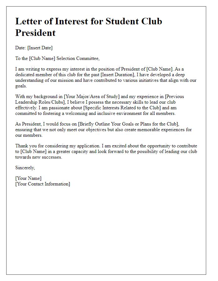 Letter template of interest in student club president leadership