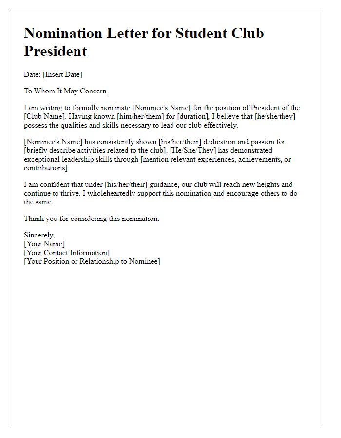 Letter template of nomination for student club president