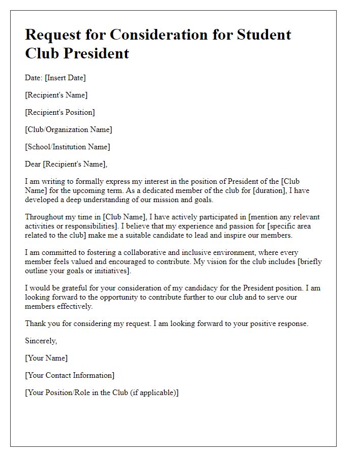 Letter template of request for student club president consideration