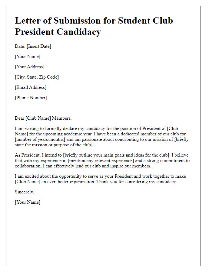 Letter template of submission for student club president candidacy