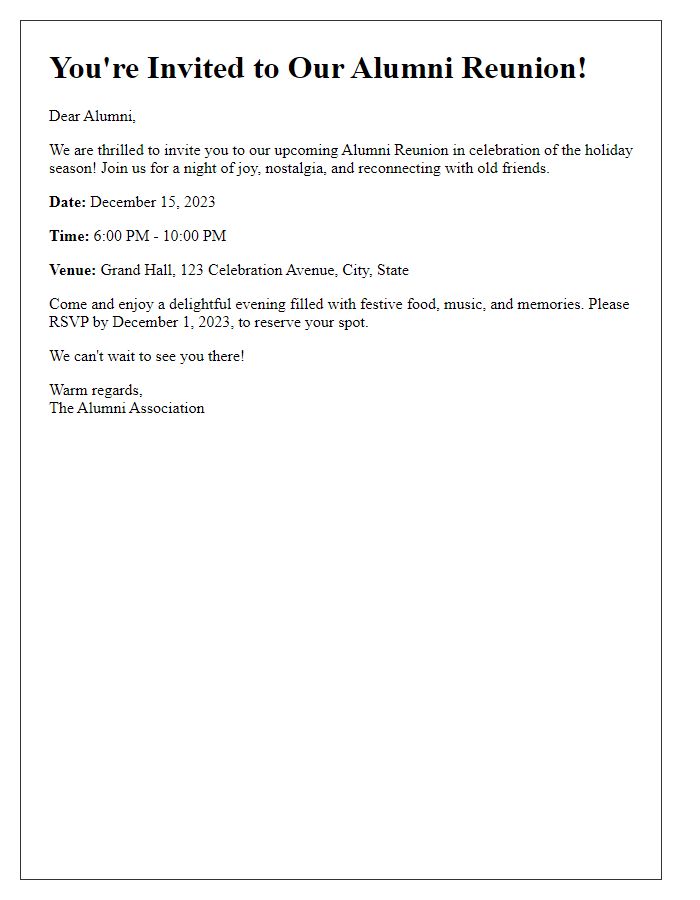 Letter template of Alumni Reunion Invitation for Holiday Celebrations