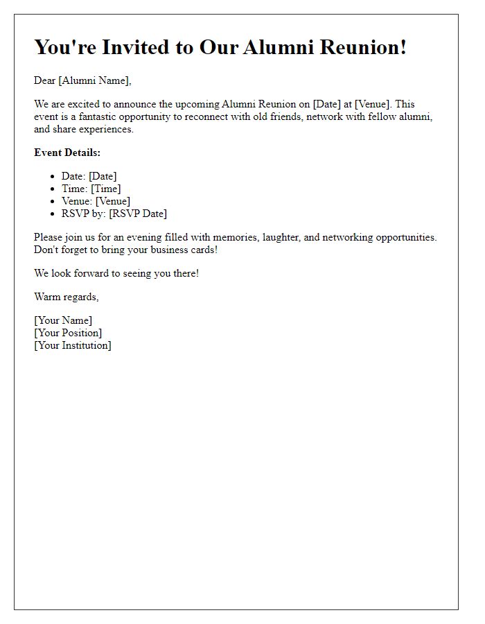 Letter template of Alumni Reunion Invitation for Networking Events