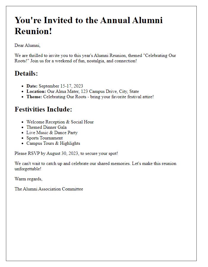 Letter template of Alumni Reunion Invitation for Themed Festivals