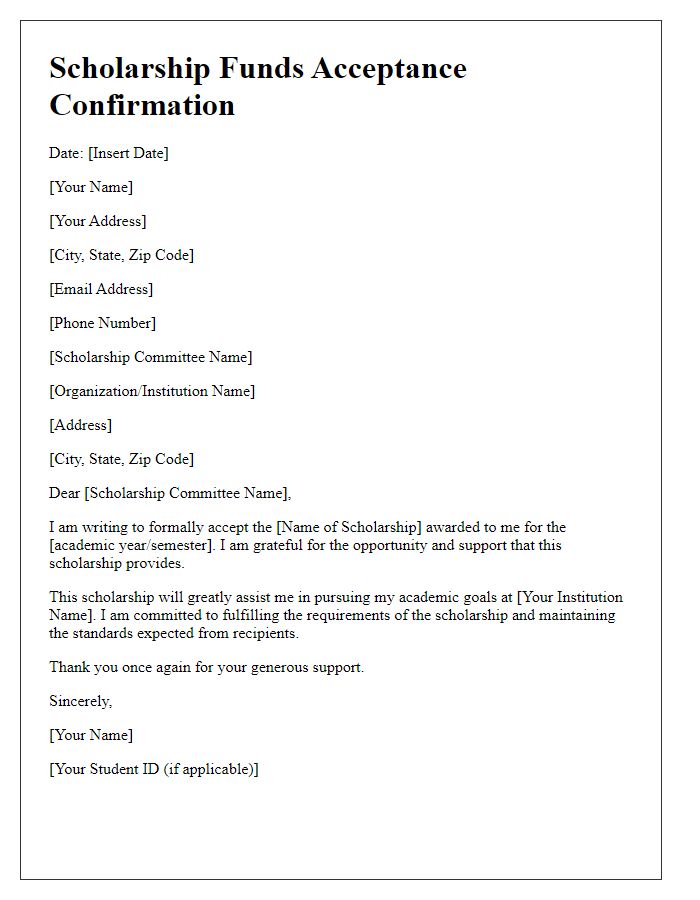 Letter template of confirmation for scholarship funds acceptance