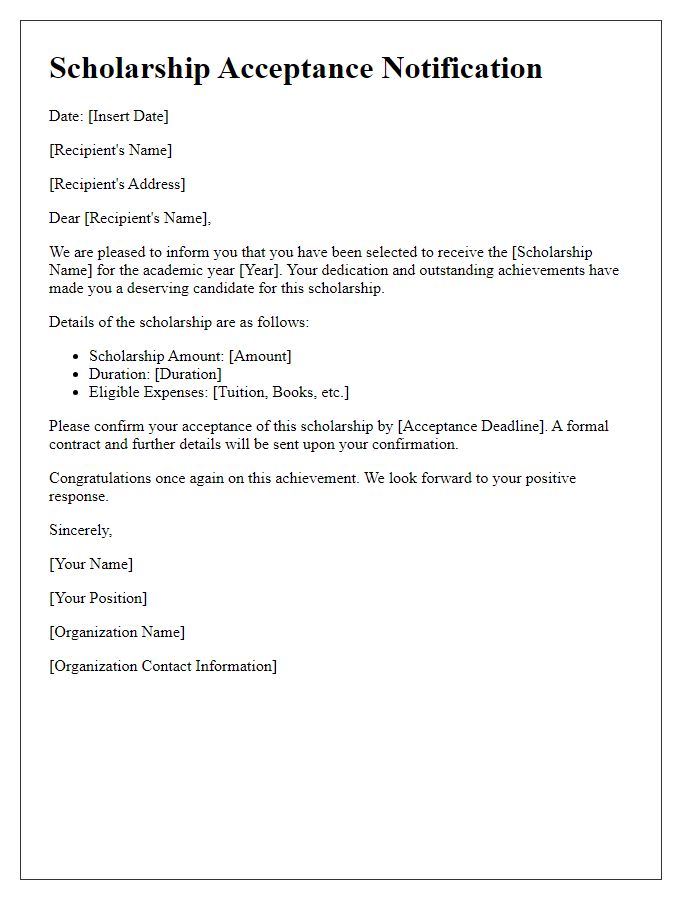 Letter template of notification of scholarship acceptance