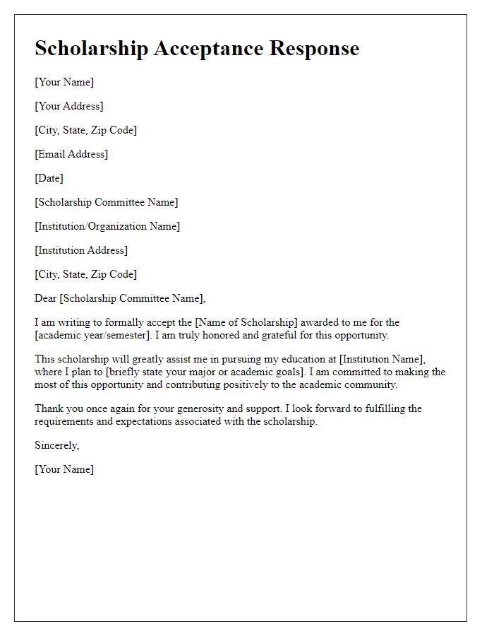 Letter template of official scholarship acceptance response