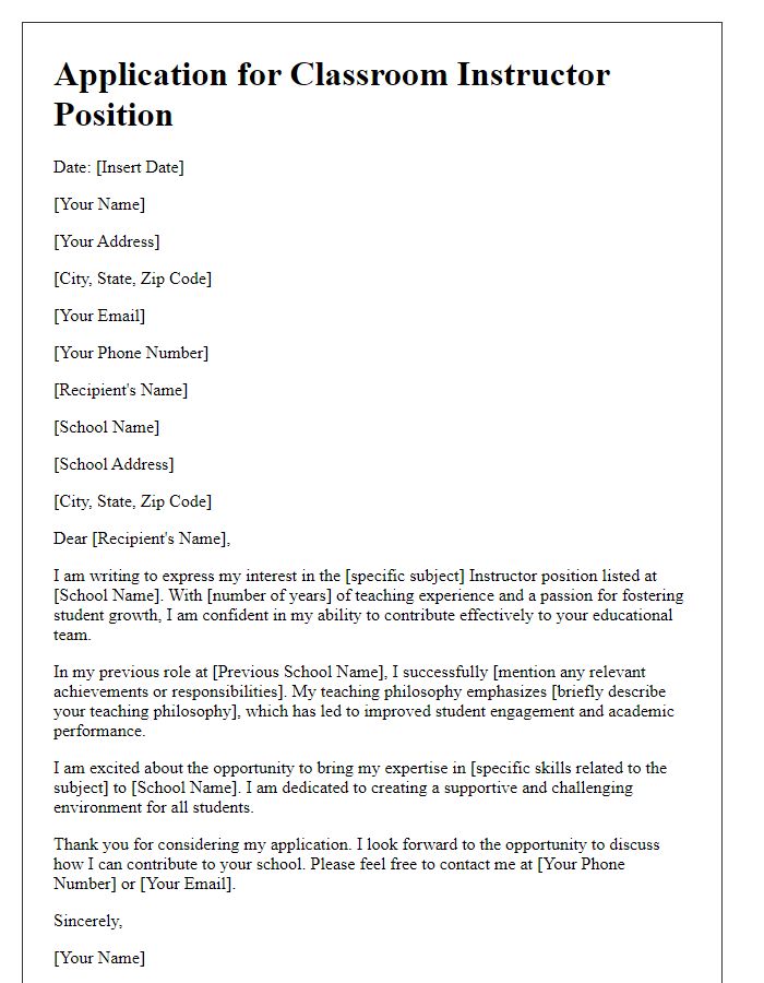 Letter template of classroom instructor application