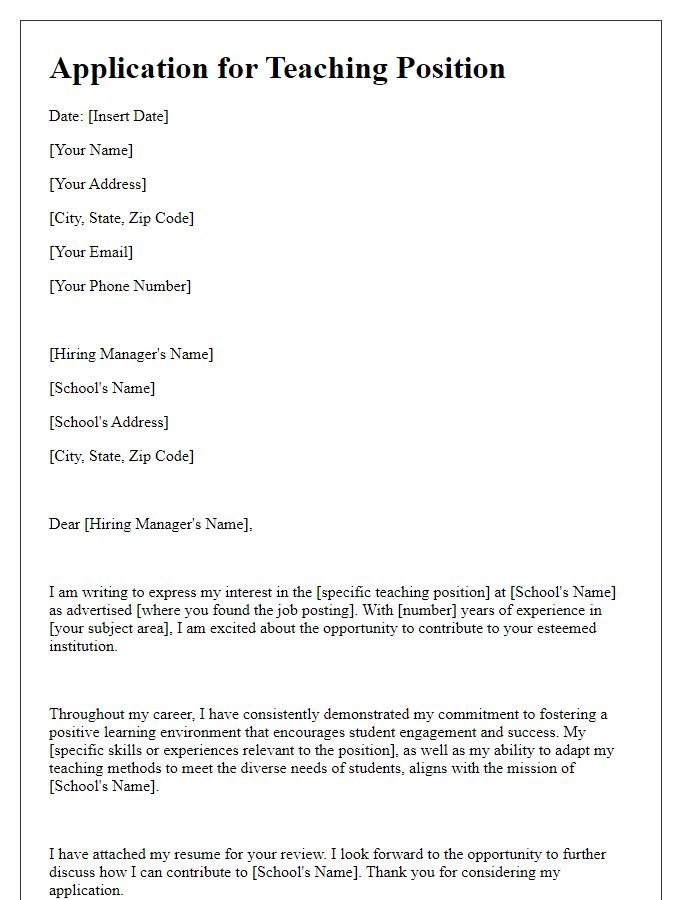 Letter template of teaching career application