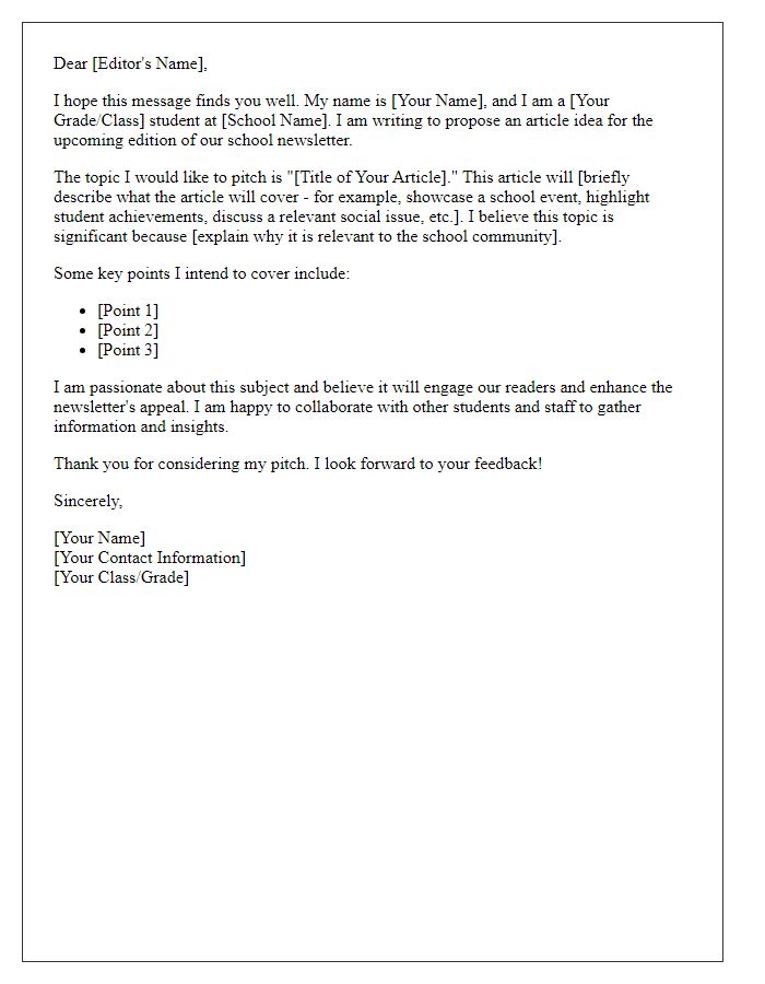 Letter template of article pitch for school newsletter