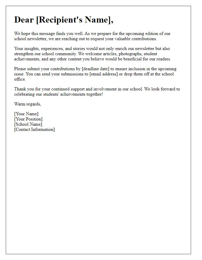 Letter template of contribution request for school newsletter