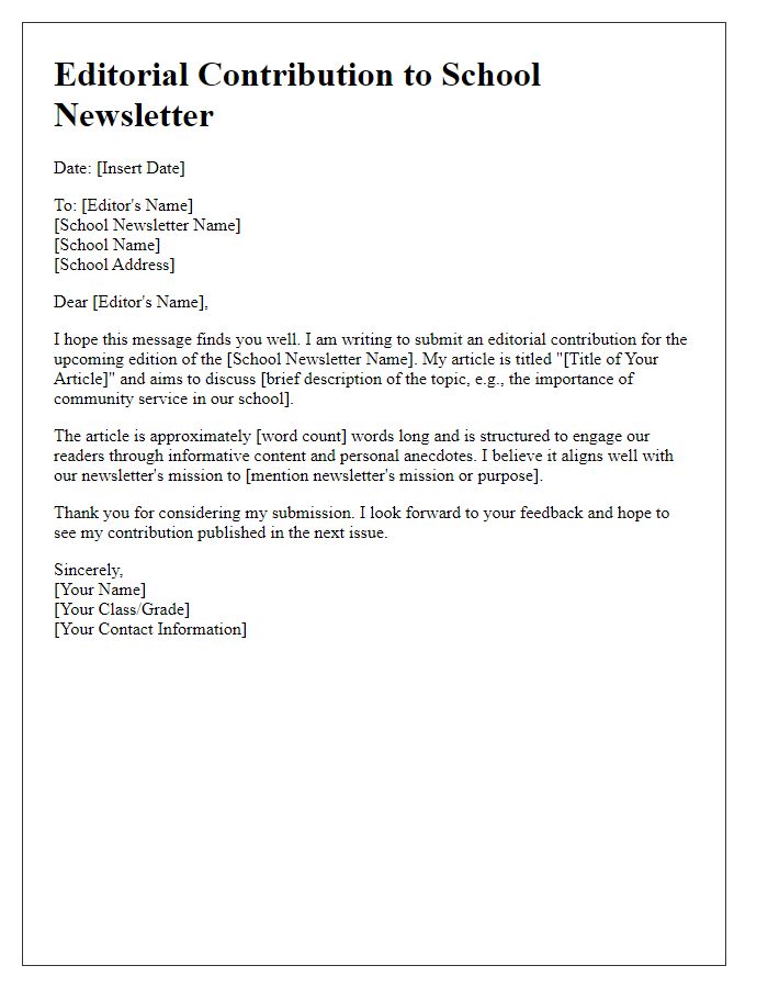 Letter template of editorial contribution for school newsletter